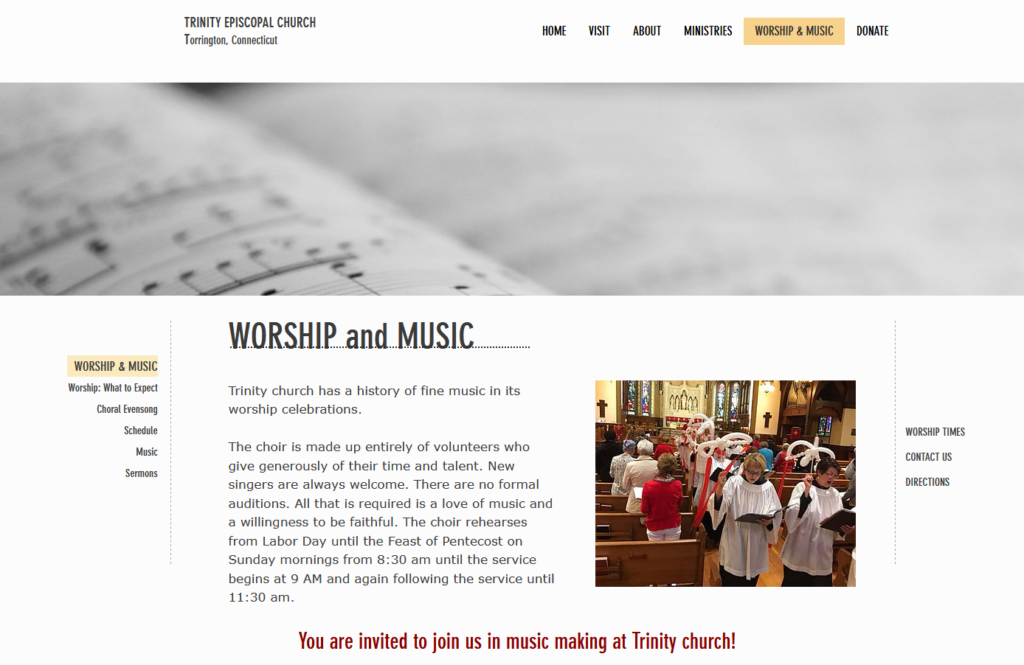Trinity Church music page after redesign
