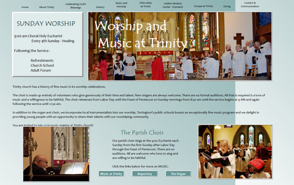 Trinity Church music page before redesign