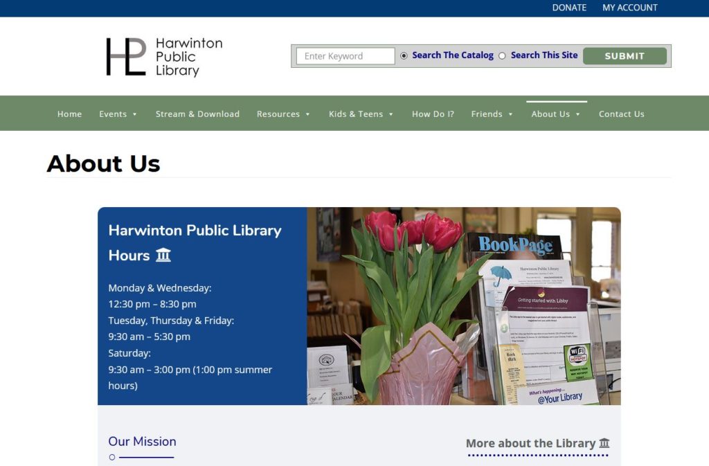 About Us page for the new Harwinton Public Library website