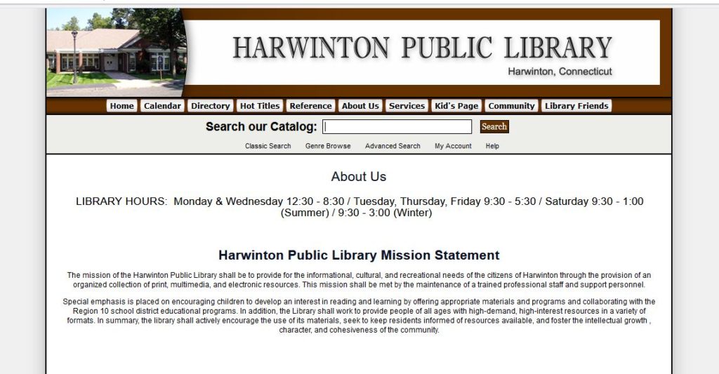 About Us page for the old Harwinton Public Library website