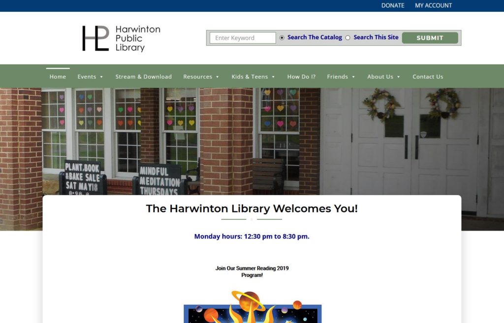 homepage for the new Harwinton Public Library website