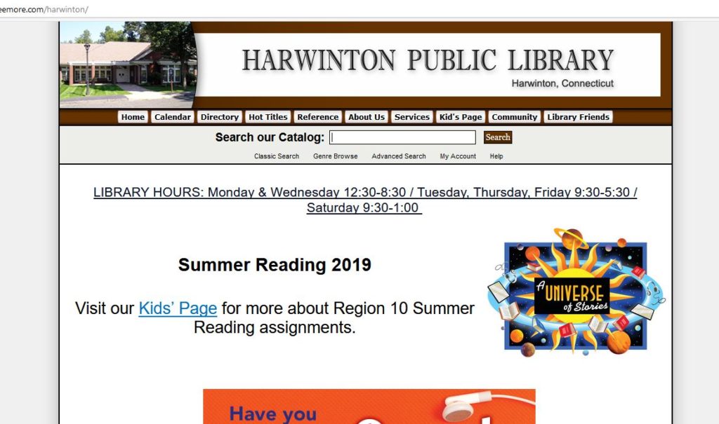homepage for the old Harwinton Public Library website