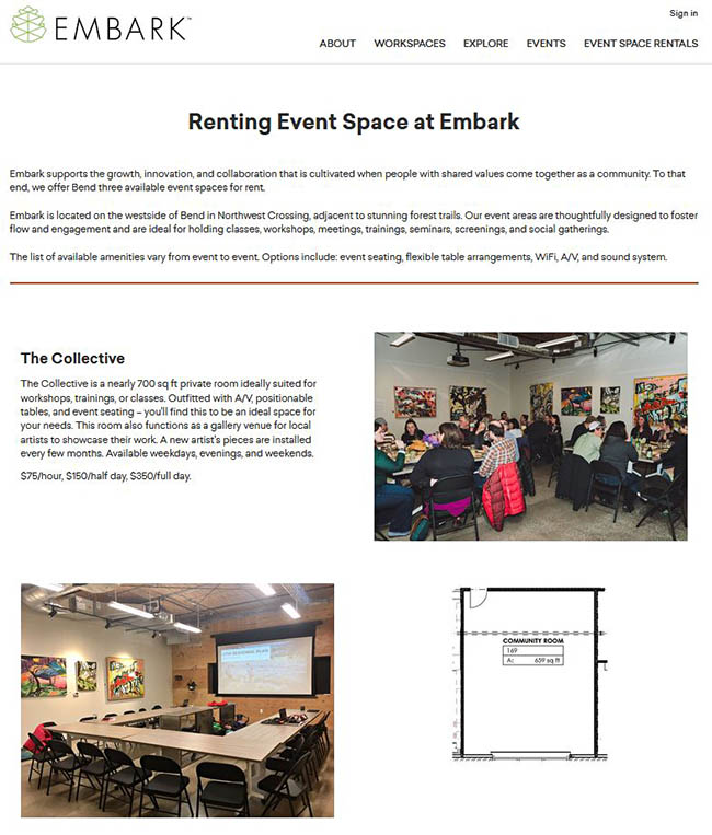renting event space at Embark page