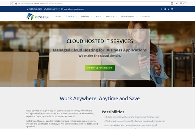 Cloud Hosted IT Services page for the Pro Stratus tech services website